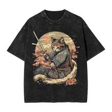 Camiseta de ramen japonés con diseño de gato para hombre y mujer, divertida camiseta con gráfico de gato negro comiendo fideos, top vintage lavado para verano. - Negro - Ver 8