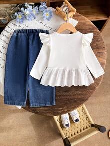 Baby Girl Spring/Autumn Casual Fashion 2-Piece Set, Denim Big Bow White Ribbed Lace Ruffle Long Sleeve Top + Butterfly Print Gradient Denim Long Pants - White - View 2