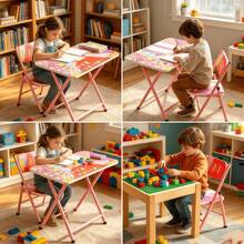 This Children's Study Desk And Chair Set Is Designed For Children Aged 3-8. It Features A Foldable Structure For Easy Storage And Relocation, Making It Suitable For Use At Home, In Kindergarten, Or Outdoors. - Pink Set 02 - View 9