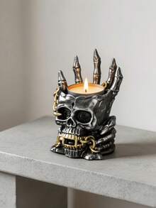 1pc Gothic Skeleton Candle Holder, Bone Hand Flame Illusion, Chain And Horn Details, Spooky Home Decor, Halloween Party Tabletop Centerpiece, Punk Rock Style Ornament - A - View 4