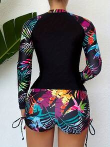 Top Tankini para Mujer con Mangas Largas y Pantalones de Pierna Plana con Cordón de Dos Pruebas - Negro - Ver 5