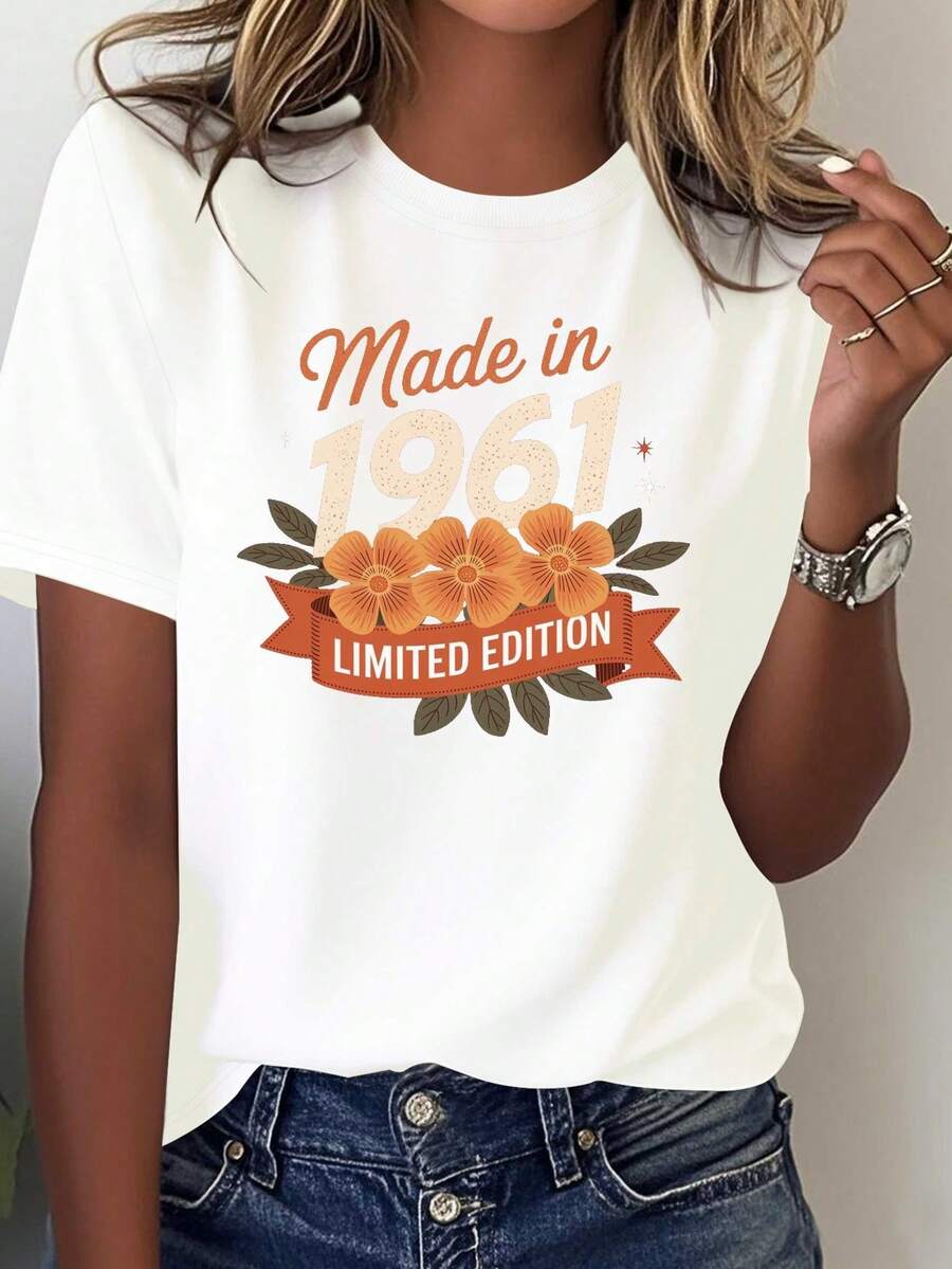 Camiseta estampada de algodón puro, paquete de 1, edición limitada vintage 1961 para mujer - Estampado Pure 1961, diseñada para nacidos en 1961, estilo casual, lavable a máquina, coleccionab - Blanco - Ver 1