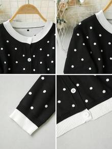 2026 Preppy Polka Dot Knit Cardigan, Elastic Knit Fabric Slimming Cardigan For Women 18-35 Years Old Vacation - Black Background With White Dots - View 11