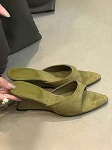 Women's Pointed Toe Wedge Slide Sandals, New Summer Slip-On Slippers, Niche Design High Heel Shoes - Dark Green - View 3