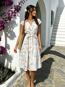 Summer Fashion Ditsy Floral All-Over Small Flower Bohemian Vacation Cap Sleeve Design Shirt Collar Women's Summer Dress (Includes Belt) Elegant - Multicolor - View 3