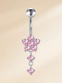 Pink Belly Rings Belly Button Ring Dangling Navel Belly Piercing Jewelry Pink CZ Butterfly Flower Navel Belly Rings Dangling Belly Button Piercing - Silver Pink - View 5
