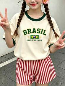 Mädchen Farbblock-Besatz Brasilien-Muster T-Shirt, atmungsaktives Kurzarm Lässig Weltmeisterschaft Fan Top - Aprikosenfarben - Übersicht 7