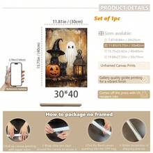 1pc Canvas Wall Art With Frame, Vintage Halloween Theme, Black Cat, Witch Hat, Cute Ghost, Pumpkin Lantern, Glowing Lantern Pattern, Country Style Oil Painting, Pastoral Dark Academia Aesthetic, Suitable For Modern Home Decor, Room Decoration - Black Cat Ghost - View 14