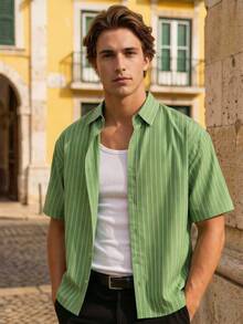Camisa casual ligera de manga corta holgada y a rayas para hombres, de primavera a verano - Verde - Ver 1