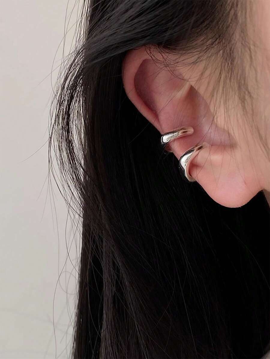 2 piezas de aros de oreja minimalistas en forma de U, lisos y básicos, para mujeres sin orejas perforadas - Plateado - Ver 1