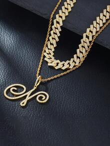 1pc Elegant Shiny Cursive Letter Pendant Necklace, Designed For Men, Combines Fashion And Luxury, Suitable For Parties, Banquets, Holiday Celebrations, Christmas And Other Occasions, Also Can Be Worn As Daily Wear Gift Jewelry, Versatile And Tasteful - Double-layered Hip-hop Letter Necklace - View 38