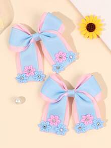 2pcs Back To School Blue & Pink Satin Bow Hair Clips, Crocodile Clips For Girls, Summer Casual Daily Hair Accessories - Multicolor - View 3