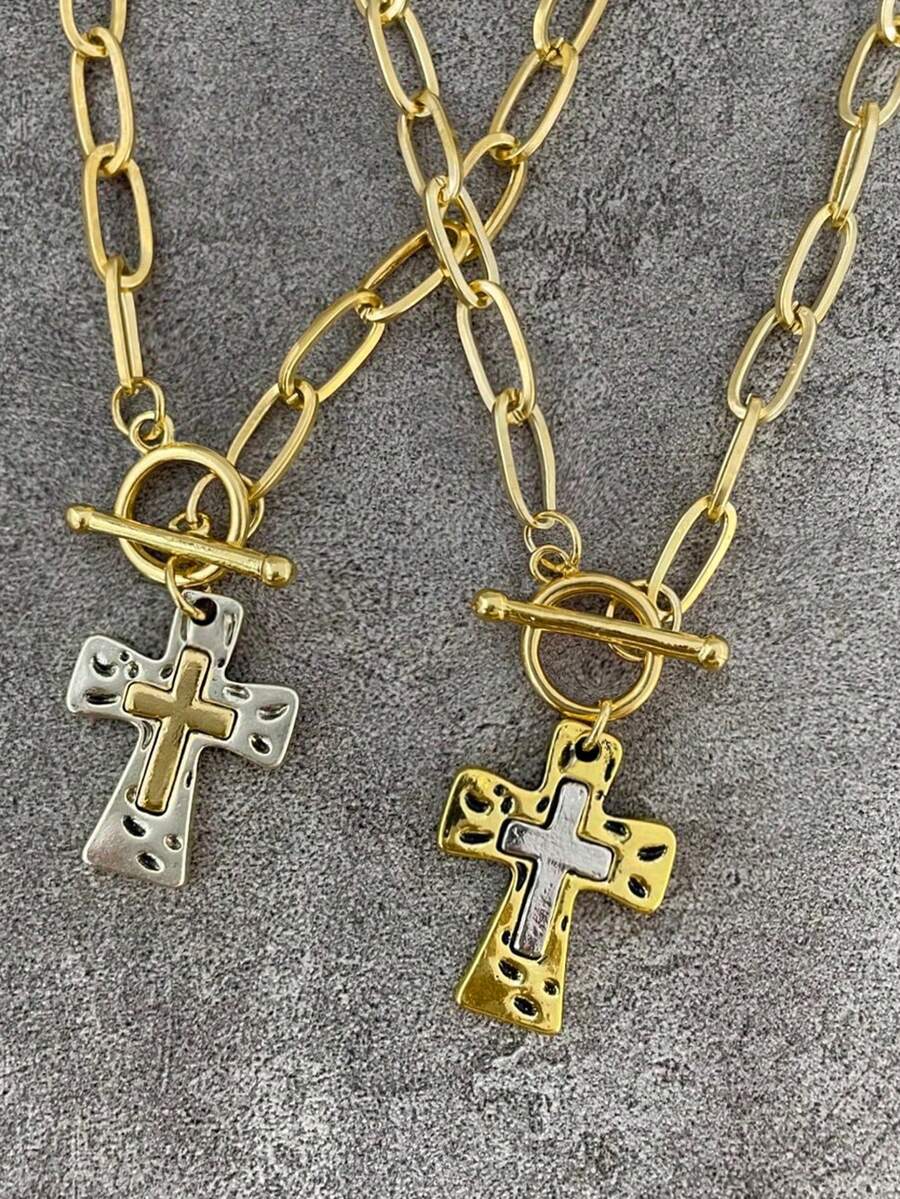 1 pieza Collar de cruz de estilo vintage personalizado y de moda, de doble color, con cadena geométrica de metal y colgante multicolor, adecuado para uso diario, fiesta, festival de música, accesorio diario, regalo para novio - Multicolor - Ver 1