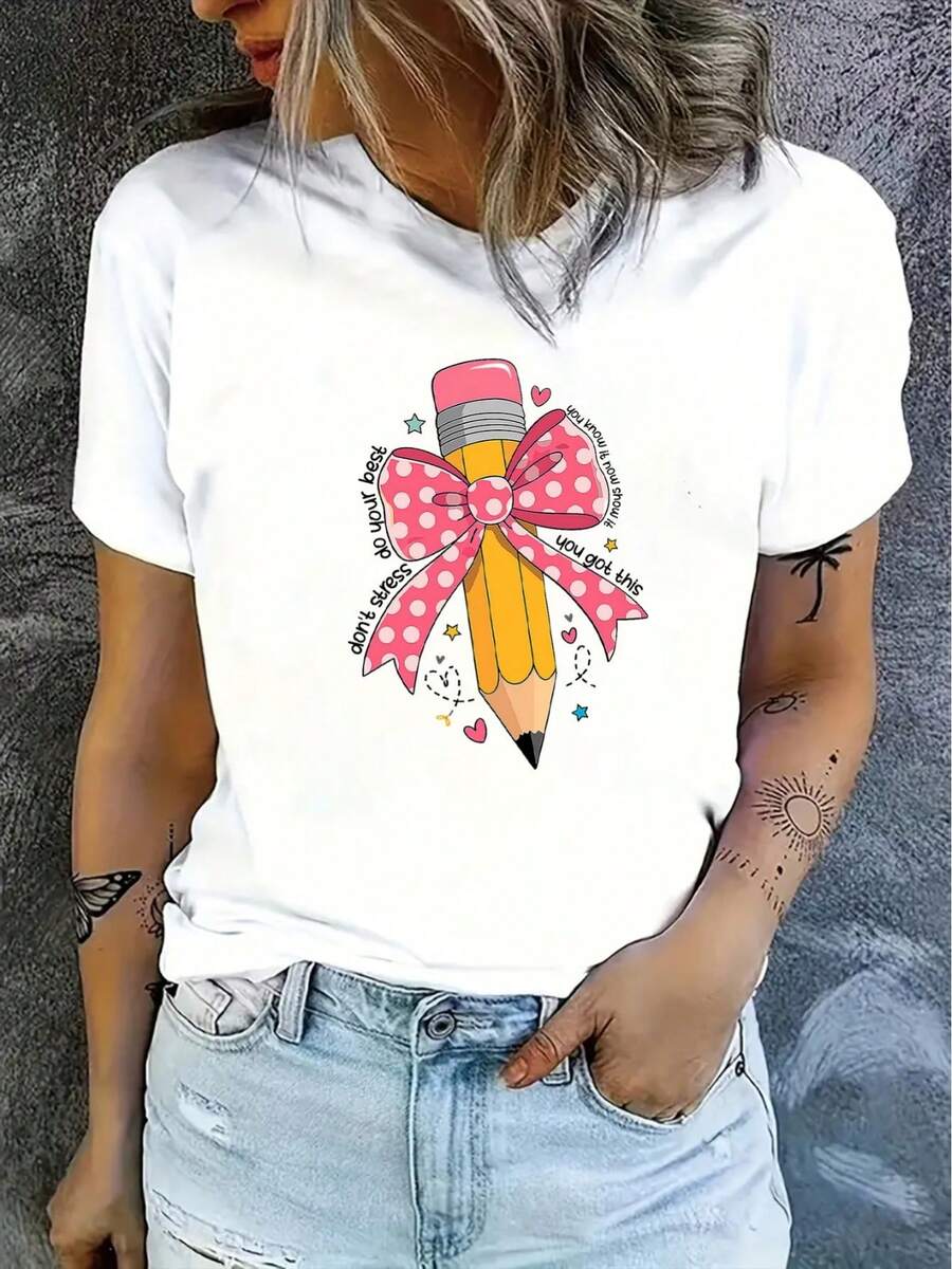 Women's Bohemian Short Sleeve T-Shirt, 100% Pure Cotton, Soft Gray Color, Casual Design, Suitable For Daily Wear, Lightweight, Breathable And Comfortable Fit, Ideal For Outdoor Activities - 白色 - 查看 1