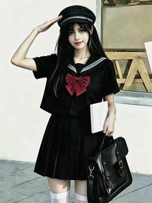 日系可愛校園風水手領 Cosplay 制服，純黑色附領結與百褶裙，3 件組 JK 水手服秋季款 - 黑色 - 查看 5