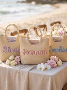Customized Name Straw Tote Bag, Personalized Summer Beach Vacation Shoulder Handbag, Large Capacity Travel Bag, Bridesmaid Gift - Multicolor - View 2