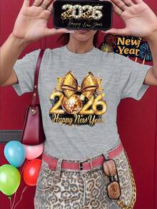 dos y la frase "Feliz Año Nuevo", de manga corta y cuello redondo, ropa informal para fiestas, lavable a máquina, ropa para celebraciones navideñas, regalo para fiestas familiares 2026. FCV0 - Rojo - Ver 10
