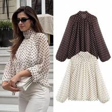 Women's Long-Sleeved Shirt With High Neck And Moon Print, Simple Casual Blouse, Fashionable Blouse For Working Women. - 乳白色 - 查看 6