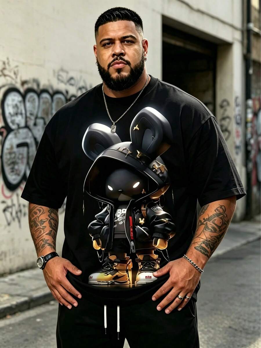 Plus Size Men 3D Mechanical Rabbit Print Round Neck Short Sleeve Casual T-Shirt, Summer - Black - View 1