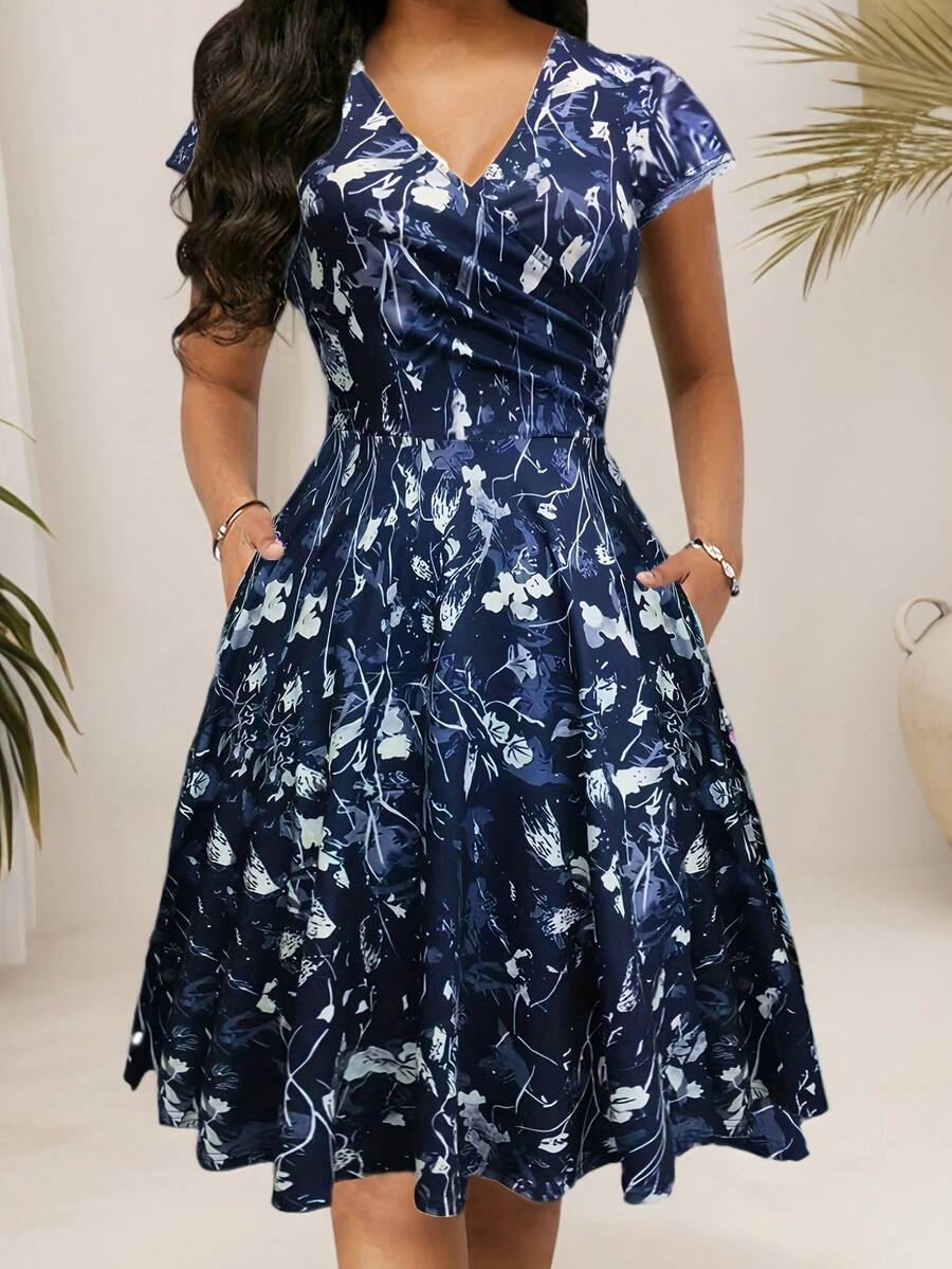 Midi Dress With Pocket And V-Neck, Elegant Floral Print For Spring, Summer And Autumn - Blue - View 1