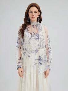Rich Radi Q's Women's Semi-Sheer Printed High Neck Tie Blouse, Elegant And Fashionable, Suitable For Spring And Summer Wear - White - View 12