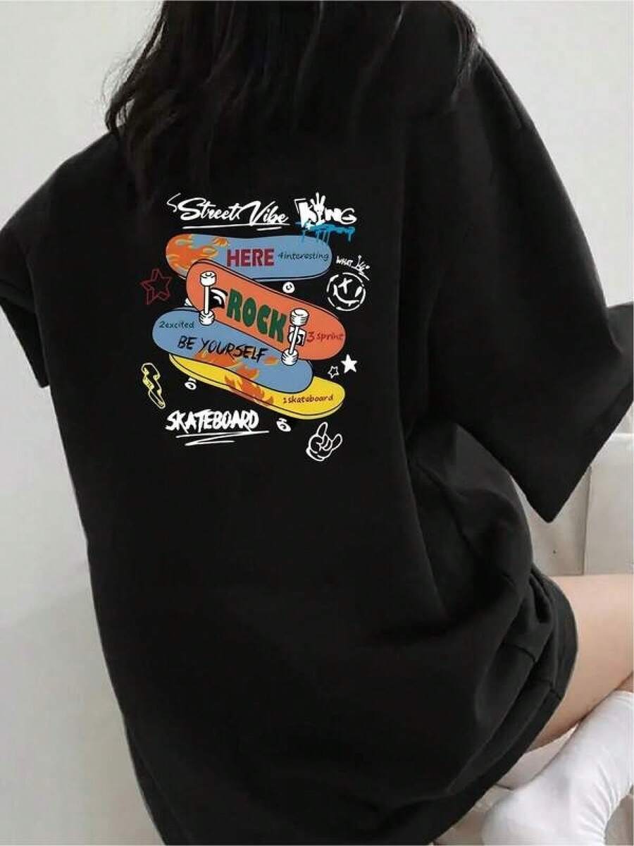 2026 Women's Lightweight And Durable Round Neck T-Shirts S-3XL, Streetwear Fashion For Young People, Urban Style, Casual Wear, Daily Wear, Autumn Parties And Practical Gifts - 黑色 - 查看 1