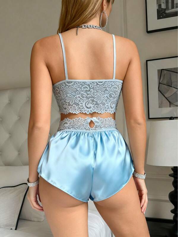 2 Pieces Women's ,Blue,Lace Splice,Bow Decoration,Backless,Sheer,Sexy,Leisure Sleepwear,Sleep Pajama Sets,Loungewear Set ﻿ ﻿