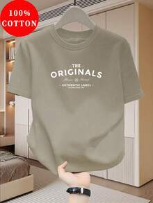 Men's 100% Cotton T-Shirt, Cotton Material - Breathable And Sweat-Absorbent, Casual Round Neck, With Letter Print, Men's Summer Urban Clothing Top. - 卡其色 - 查看 1