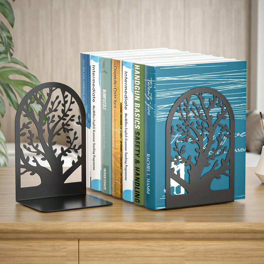 Black Metal Bookends Tree Of Life, Desktop Book Organizer, Bookshelf Book Holder, Non-Slip Book Stoppers, Office & Home Decor Rack