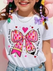 Camiseta de Niños con Lazo Grande y Corazones Estilo Doodle Arte para el Día de San Valentín o Uso Casual - Blanco - Ver 2