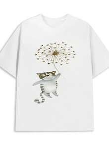 1 Pack Women's Funny Cat Themed T-Shirt, Made Of 100% Cotton With A Weight Of. This Regular Fit White Shirt Is Suitable For Casual Wear All Year Round, Making It - 白色 - 查看 1