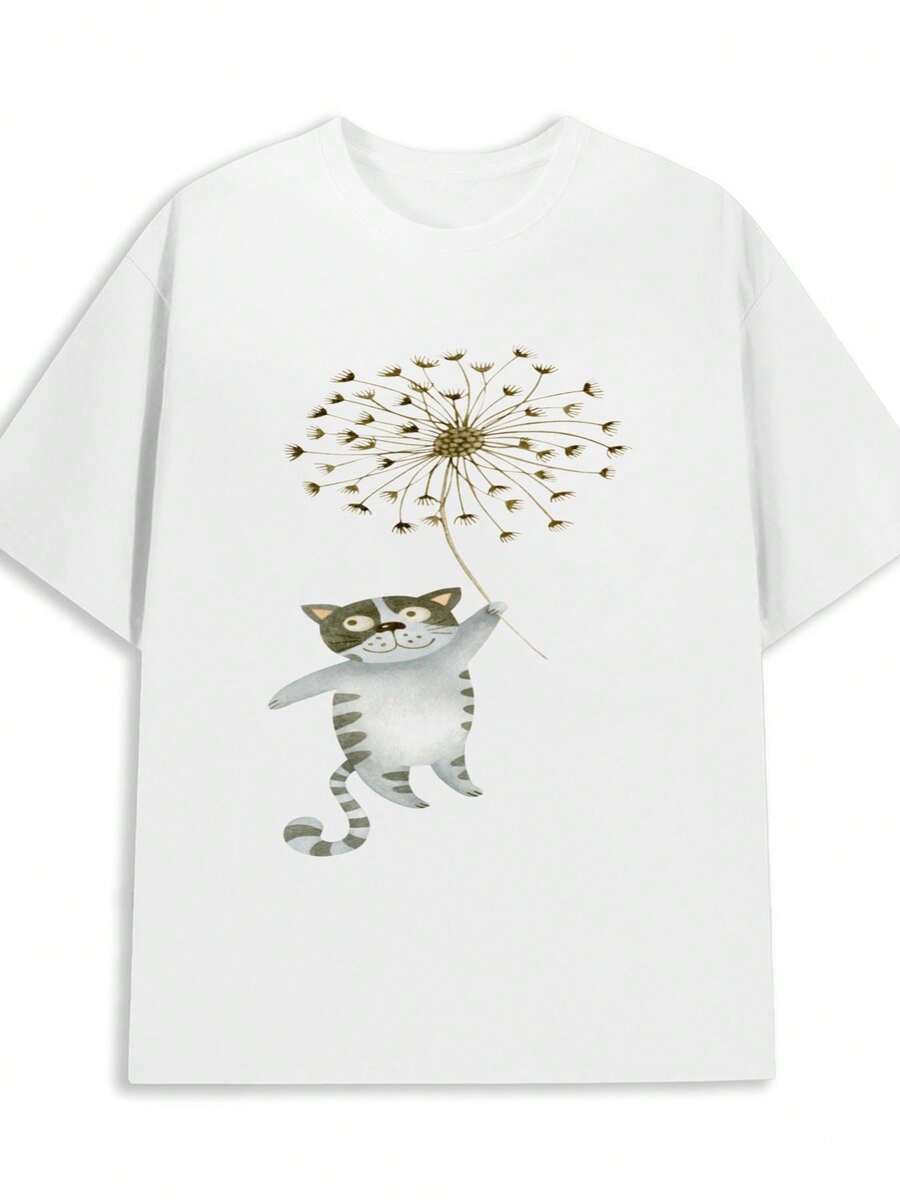 1 Pack Women's Funny Cat Themed T-Shirt, Made Of 100% Cotton With A Weight Of. This Regular Fit White Shirt Is Suitable For Casual Wear All Year Round, Making It - 白色 - 查看 1