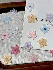 30pcs Mixed Mini Ice Crystal Glitter Flower Nail Art Charms,3D Soft Carved Pink Blue Purple Five Petal Nail Rhinestones,DIY Summer Colorful Cherry Blossoms Nail Decor - Multicolor - View 5
