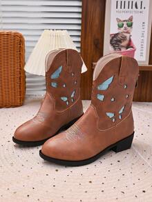 Girls' White Sequin Butterfly Hollow Out Western Cowboy Boots, Rainbow Embroidery Chunky Heel Mid-Calf Princess Ankle Boots, Children's Performance Runway Fashion Boots - Brown - View 2