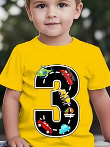 Camiseta de manga corta de moda para niños de verano con estampados de dibujos animados del número 3, coches, helicópteros, barcos, etc. Top casual para exteriores NY-DX9726 - Burdeos - Ver 7