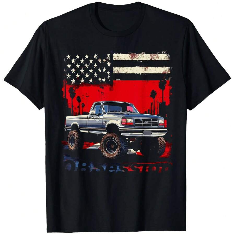 Vintage Truck Graphic T-Shirt For Men And Women - Retro Powerstroke Design With American Flag - Soft And Breathable Cotton Crew Neck T-Shirt - Li T-Shirt - 黑色 - 查看 1