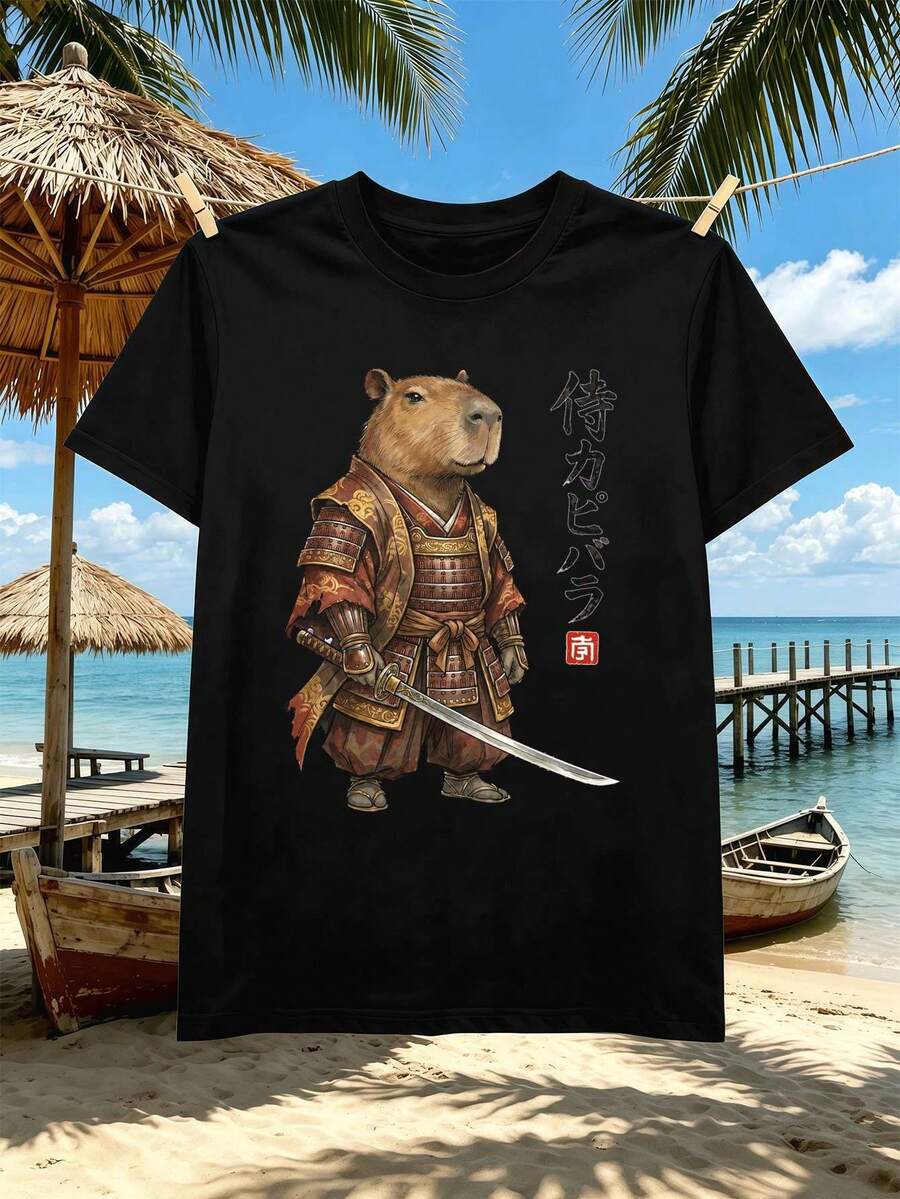 T-shirt da uomo con stampa grafica Samurai Capybara, in morbido cotone, vestibilità ampia e comoda, stile street hip-hop, stampa di . - nero - Visualizzare 1