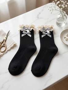 1 Pair Lace Trim Bow Jacquard Mid-Calf Socks, Sweet Girl Style Versatile Slouch Socks, All Season, With Ruffle Edge - Multicolor - View 3