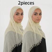 1pc Dirty Wash Arabic Headscarf Thin Solid Color Lightweight Casual Long Scarf Suitable For Daily Use Riffeled Hijab - Yellow 2-pack - View 2