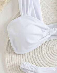 Women's Bikini With Thick Straps, Ruched Detail, High-Cut Bottom, Beachwear, Summer Style - White - View 6