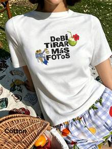 夏季新款圓領 DTMF 圖案修身正肩 T-shirt，度假旅行沙灘穿搭 - 白色 - 查看 5