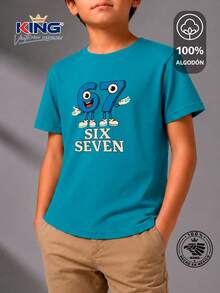 Shendy Vendy Kids Camiseta para niño 100% Algodón, manga corta, cuello redondo, suave y cómoda. Diseño creativo con números animados y tipografía moderna. - Neblina azul - Ver 1