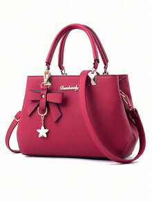 e unicolor, con material de PU y colgante con lazo, regalo para el Día de la Madre, regalo de San Valentín, elegante bolso de mujer, bolso de hombro, bolso bandolera, bolso de gran capacidad - Burdeos - Ver 1
