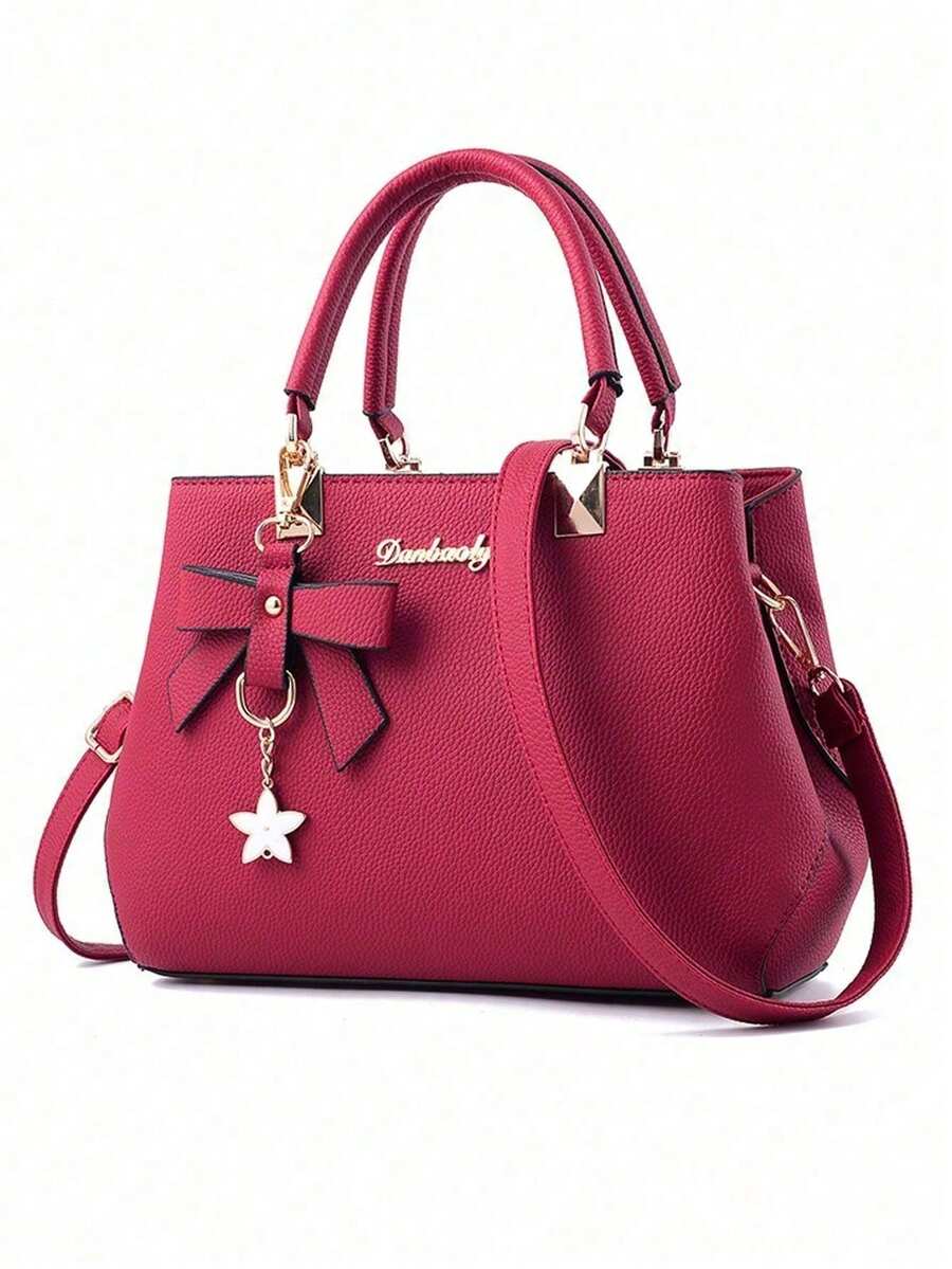 e unicolor, con material de PU y colgante con lazo, regalo para el Día de la Madre, regalo de San Valentín, elegante bolso de mujer, bolso de hombro, bolso bandolera, bolso de gran capacidad - Burdeos - Ver 1