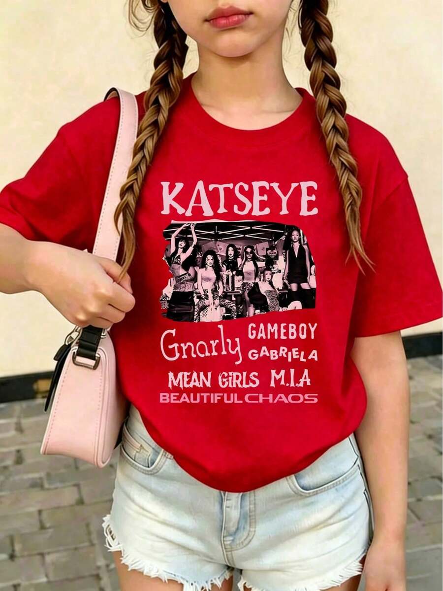 Katseye Girl Group Print T-Shirt, KATSEYE Girl Group Print Clothing, Suitable For Children Aged 7-16, New Year's Gift T-Shirts. This T-Shirt - 紅色 - 查看 1