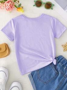 Girls' Round Neck T-Shirt With Letter And Flower Print "All My Hope Is In Jesus", Sweet And Versatile. - Purple - View 3