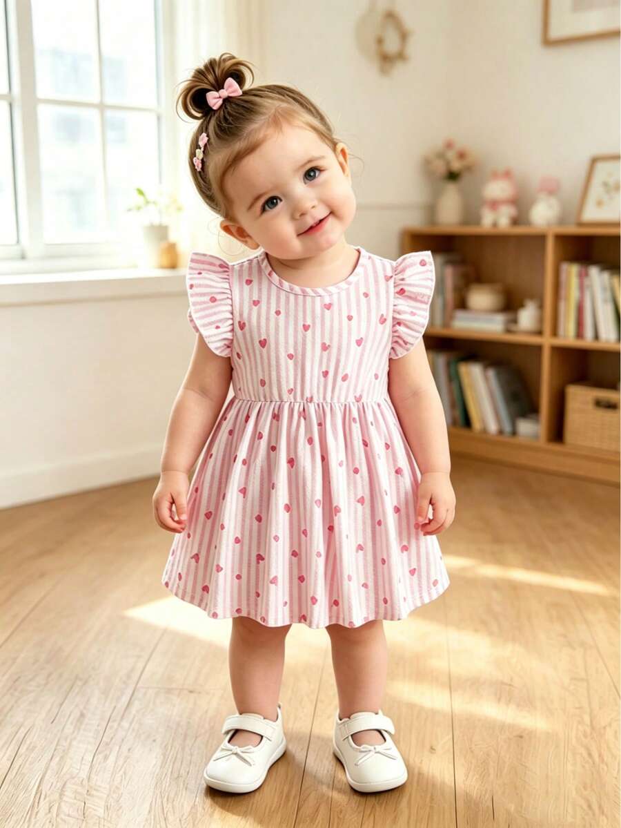 6M-3T 嬰兒女童洋裝，嬰兒洋裝，條紋愛心印花洋裝，幼童荷葉袖公主洋裝，休閒A字洋裝，透氣日常戶外拍照