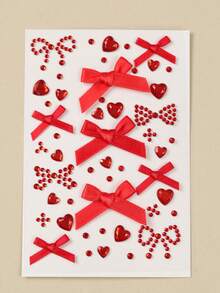 Red Bow Heart 3D Glitter Face Gems Y2K Self-Adhesive Rhinestones, DIY Concert Disco Party Shiny Face Decoration - Red - View 7
