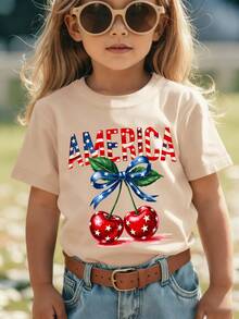 Camiseta de manga corta para niñas de moda de verano 'Día de la Independencia Americana' con elementos de la bandera americana 'AMERICA', estampado de dibujos animados de letras, lazo y cere - Rojo - Ver 8
