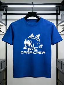 Boys' Short-Sleeved T-Shirt With A Unique "Carp Silhouette" Print, Suitable For Casual Outdoor Wear, American Retro Style, And Workwear. A Summer T-Shirt. - 寶藍色 - 查看 1